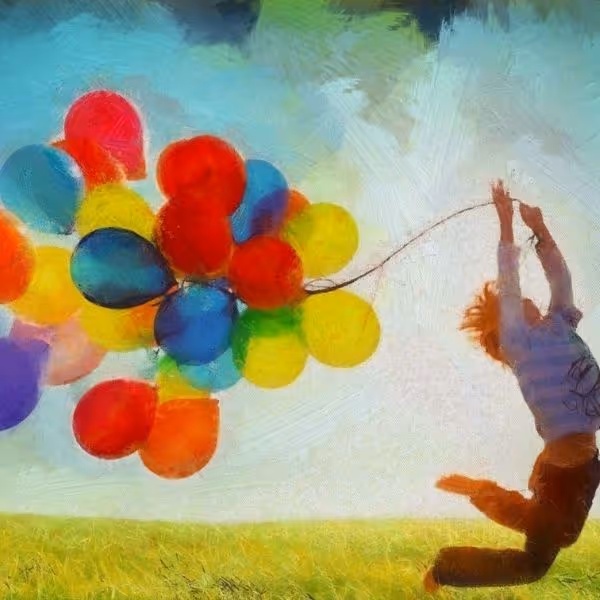 Ilustração de um menino brincando com balões no campo